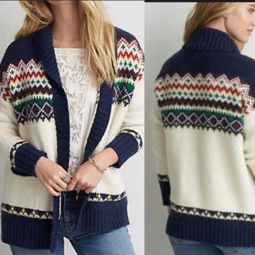 American Eagle Alpaca Wool Mohair Blend Nordic Knit Open Cardigan Size Large